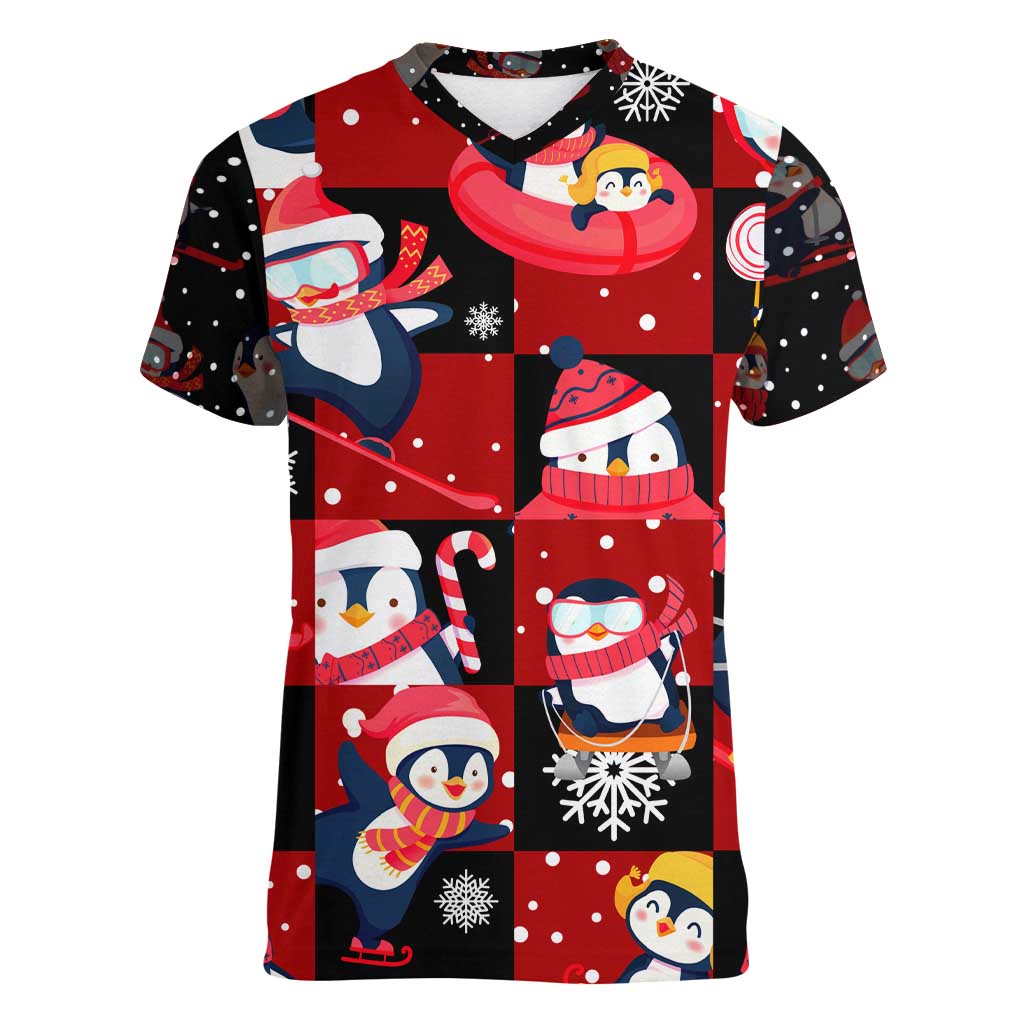 Penguin Winter Sports Christmas Women V-Neck T-Shirt Cute Holiday Ski Snow Fun - Wonder Print Shop