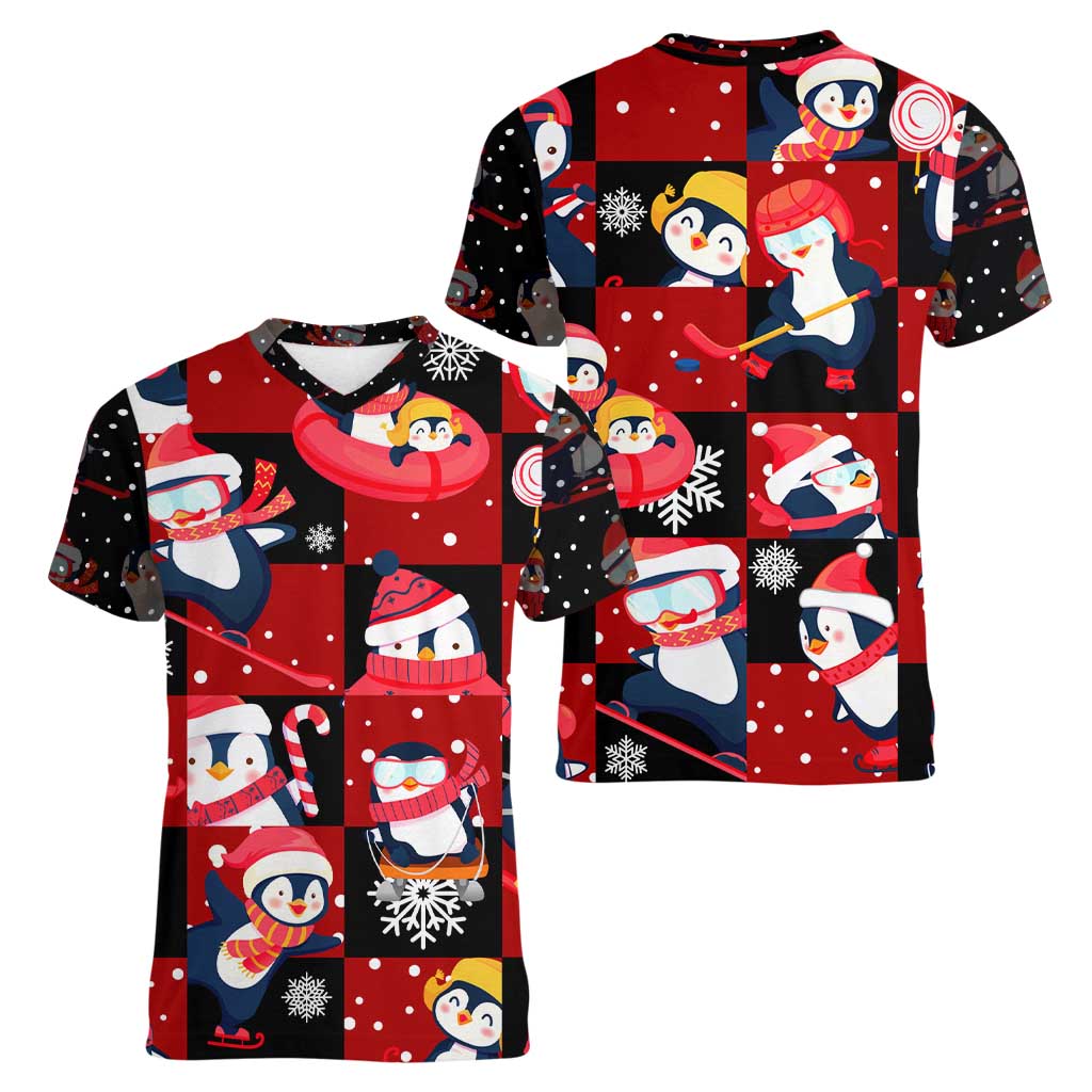 Penguin Winter Sports Christmas Women V-Neck T-Shirt Cute Holiday Ski Snow Fun - Wonder Print Shop