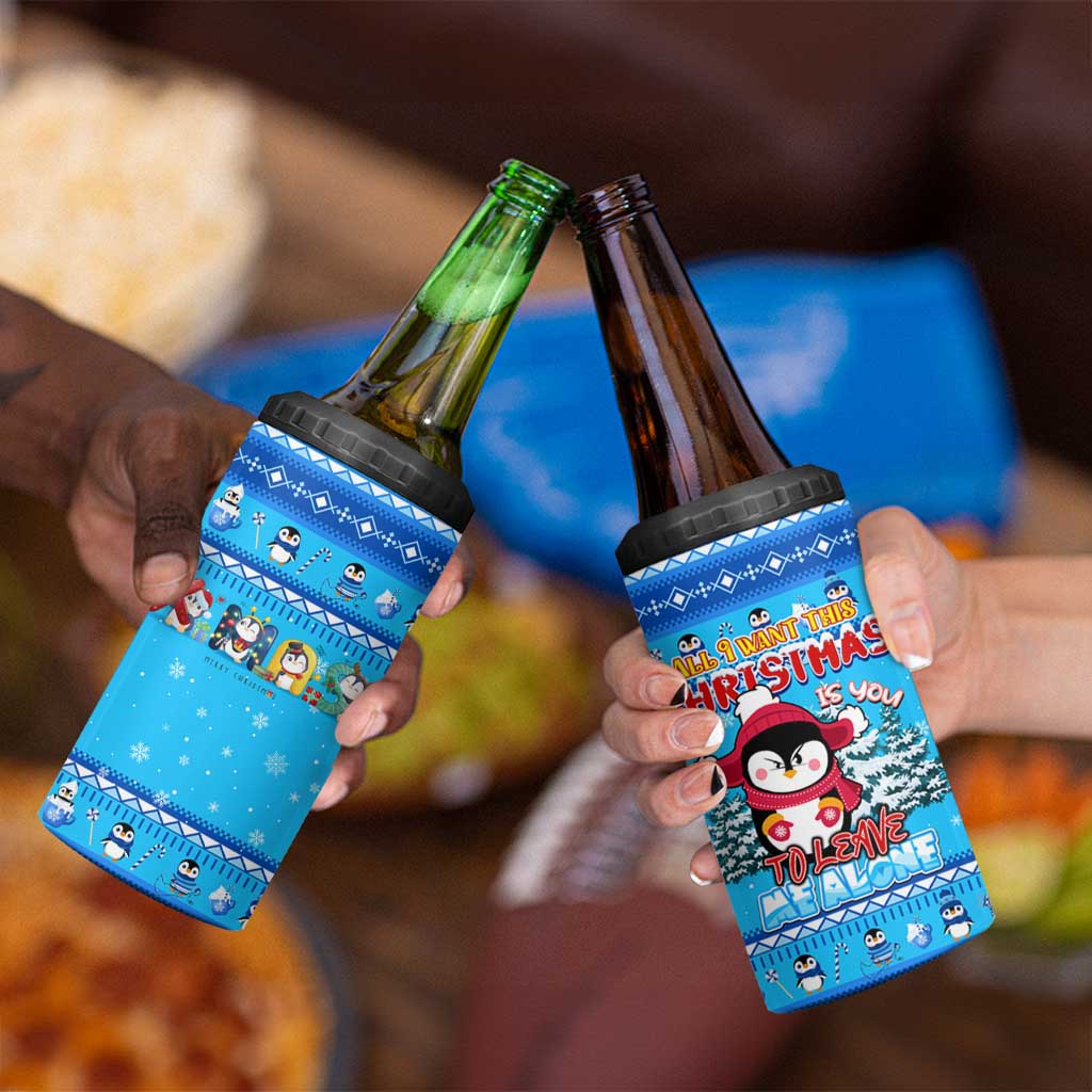 Funny Grumpy Penguin Christmas 4 in 1 Can Cooler Tumbler All I Want for Christmas Is You To Leave Me Alone - Wonder Print Shop