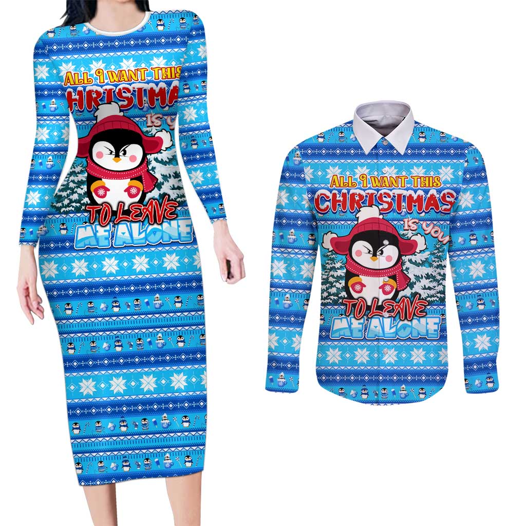 Funny Grumpy Penguin Christmas Couples Matching Long Sleeve Bodycon Dress and Long Sleeve Button Shirt All I Want for Christmas Is You To Leave Me Alone - Wonder Print Shop