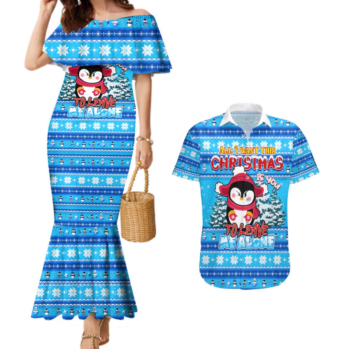 Funny Grumpy Penguin Christmas Couples Matching Mermaid Dress and Hawaiian Shirt All I Want for Christmas Is You To Leave Me Alone - Wonder Print Shop