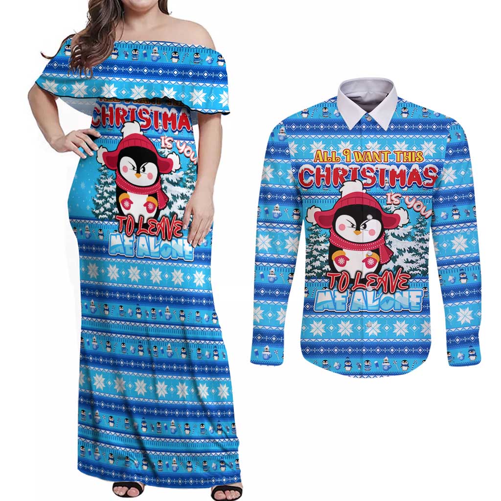 Funny Grumpy Penguin Christmas Couples Matching Off Shoulder Maxi Dress and Long Sleeve Button Shirt All I Want for Christmas Is You To Leave Me Alone - Wonder Print Shop
