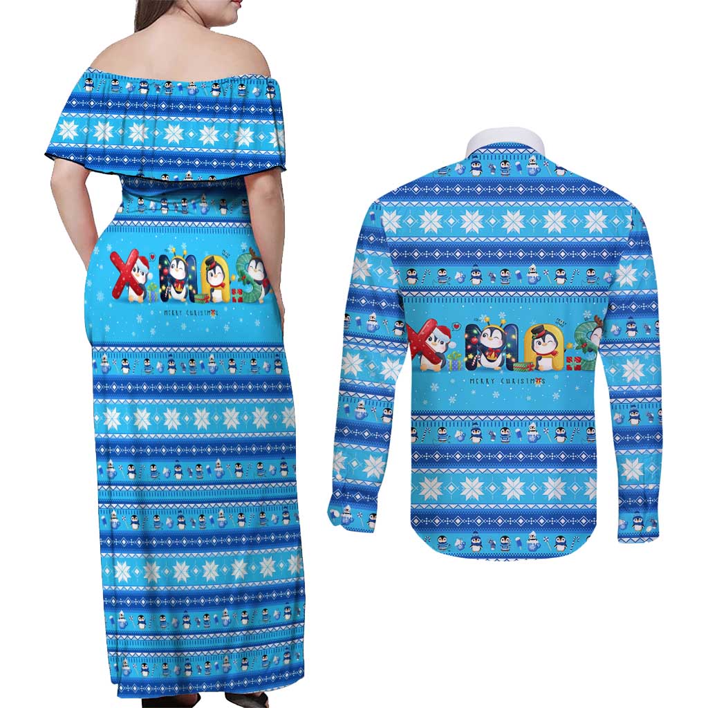 Funny Grumpy Penguin Christmas Couples Matching Off Shoulder Maxi Dress and Long Sleeve Button Shirt All I Want for Christmas Is You To Leave Me Alone - Wonder Print Shop