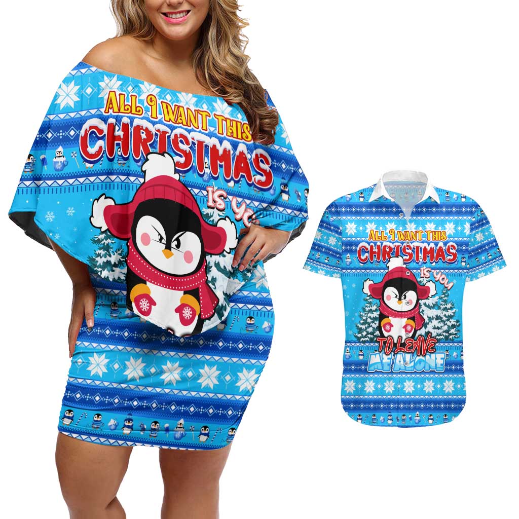 Funny Grumpy Penguin Christmas Couples Matching Off Shoulder Short Dress and Hawaiian Shirt All I Want for Christmas Is You To Leave Me Alone - Wonder Print Shop