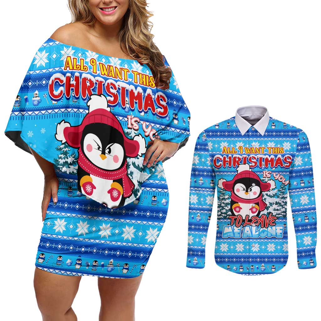 Funny Grumpy Penguin Christmas Couples Matching Off Shoulder Short Dress and Long Sleeve Button Shirt All I Want for Christmas Is You To Leave Me Alone - Wonder Print Shop