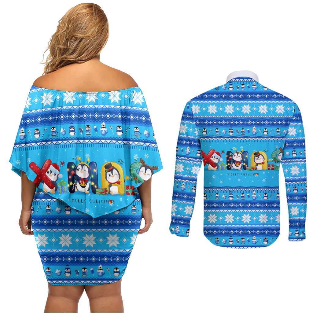 Funny Grumpy Penguin Christmas Couples Matching Off Shoulder Short Dress and Long Sleeve Button Shirt All I Want for Christmas Is You To Leave Me Alone - Wonder Print Shop