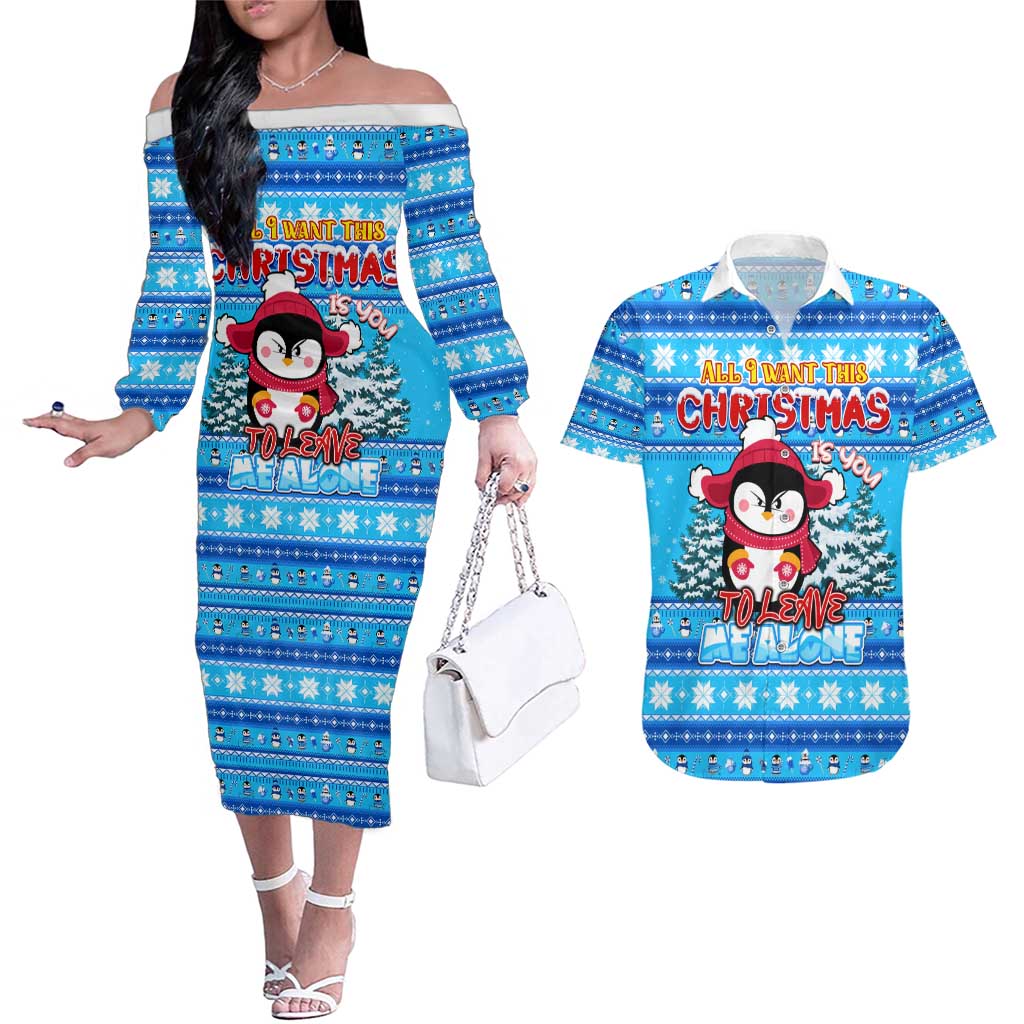 Funny Grumpy Penguin Christmas Couples Matching Off The Shoulder Long Sleeve Dress and Hawaiian Shirt All I Want for Christmas Is You To Leave Me Alone - Wonder Print Shop