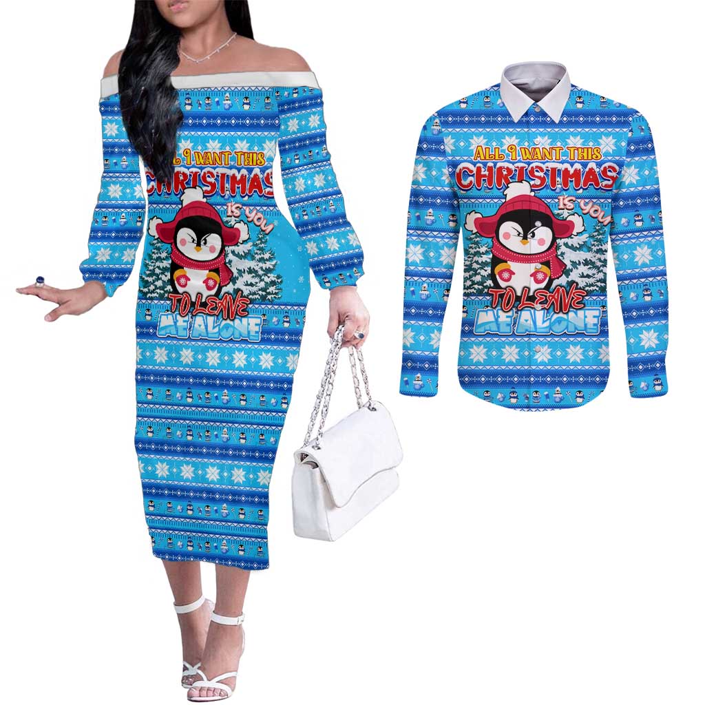 Funny Grumpy Penguin Christmas Couples Matching Off The Shoulder Long Sleeve Dress and Long Sleeve Button Shirt All I Want for Christmas Is You To Leave Me Alone - Wonder Print Shop