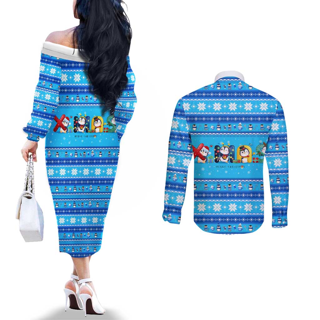 Funny Grumpy Penguin Christmas Couples Matching Off The Shoulder Long Sleeve Dress and Long Sleeve Button Shirt All I Want for Christmas Is You To Leave Me Alone - Wonder Print Shop