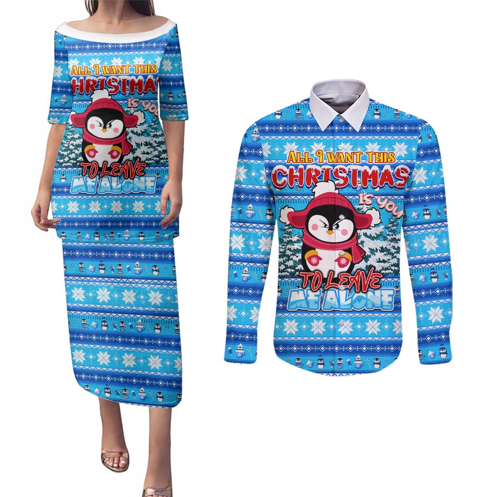 Funny Grumpy Penguin Christmas Couples Matching Puletasi and Long Sleeve Button Shirt All I Want for Christmas Is You To Leave Me Alone - Wonder Print Shop