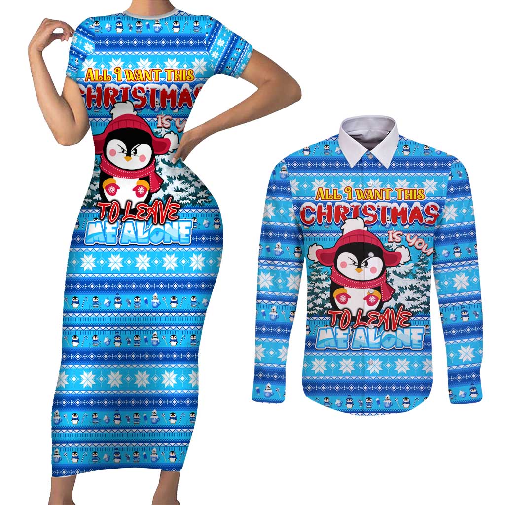 Funny Grumpy Penguin Christmas Couples Matching Short Sleeve Bodycon Dress and Long Sleeve Button Shirt All I Want for Christmas Is You To Leave Me Alone - Wonder Print Shop