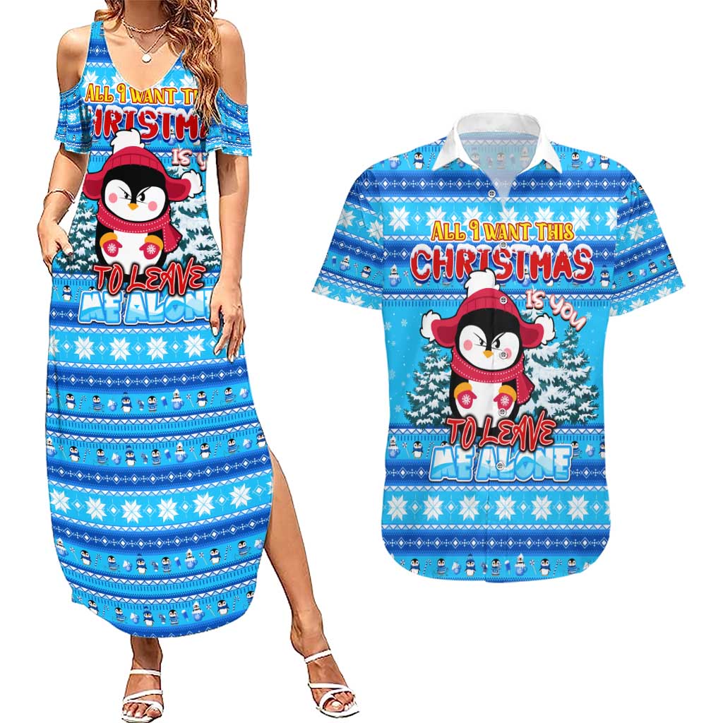 Funny Grumpy Penguin Christmas Couples Matching Summer Maxi Dress and Hawaiian Shirt All I Want for Christmas Is You To Leave Me Alone - Wonder Print Shop
