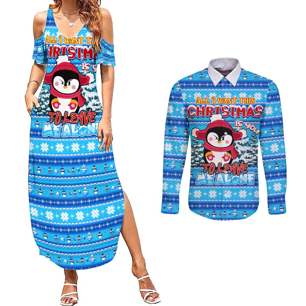 Funny Grumpy Penguin Christmas Couples Matching Summer Maxi Dress and Long Sleeve Button Shirt All I Want for Christmas Is You To Leave Me Alone - Wonder Print Shop