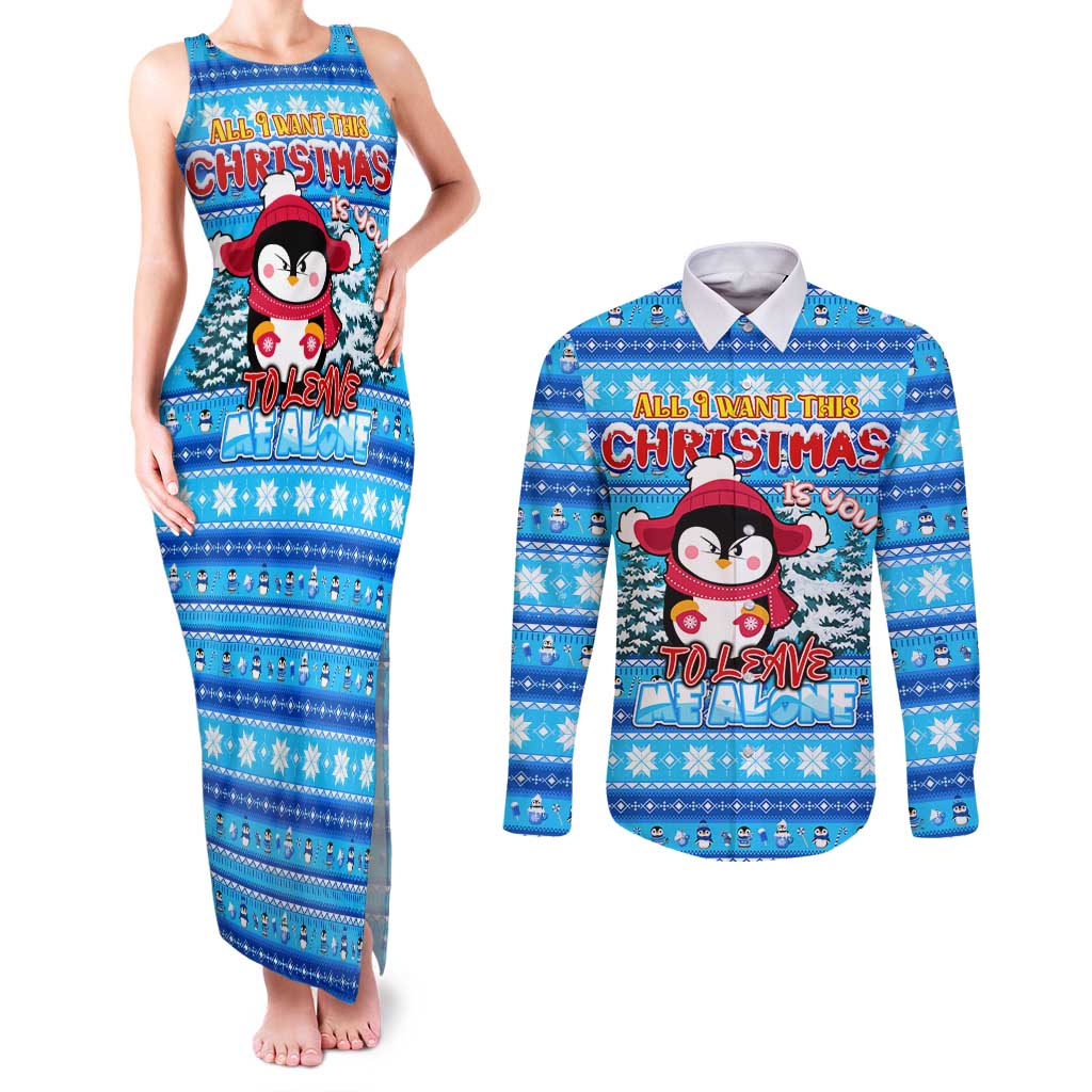 Funny Grumpy Penguin Christmas Couples Matching Tank Maxi Dress and Long Sleeve Button Shirt All I Want for Christmas Is You To Leave Me Alone - Wonder Print Shop