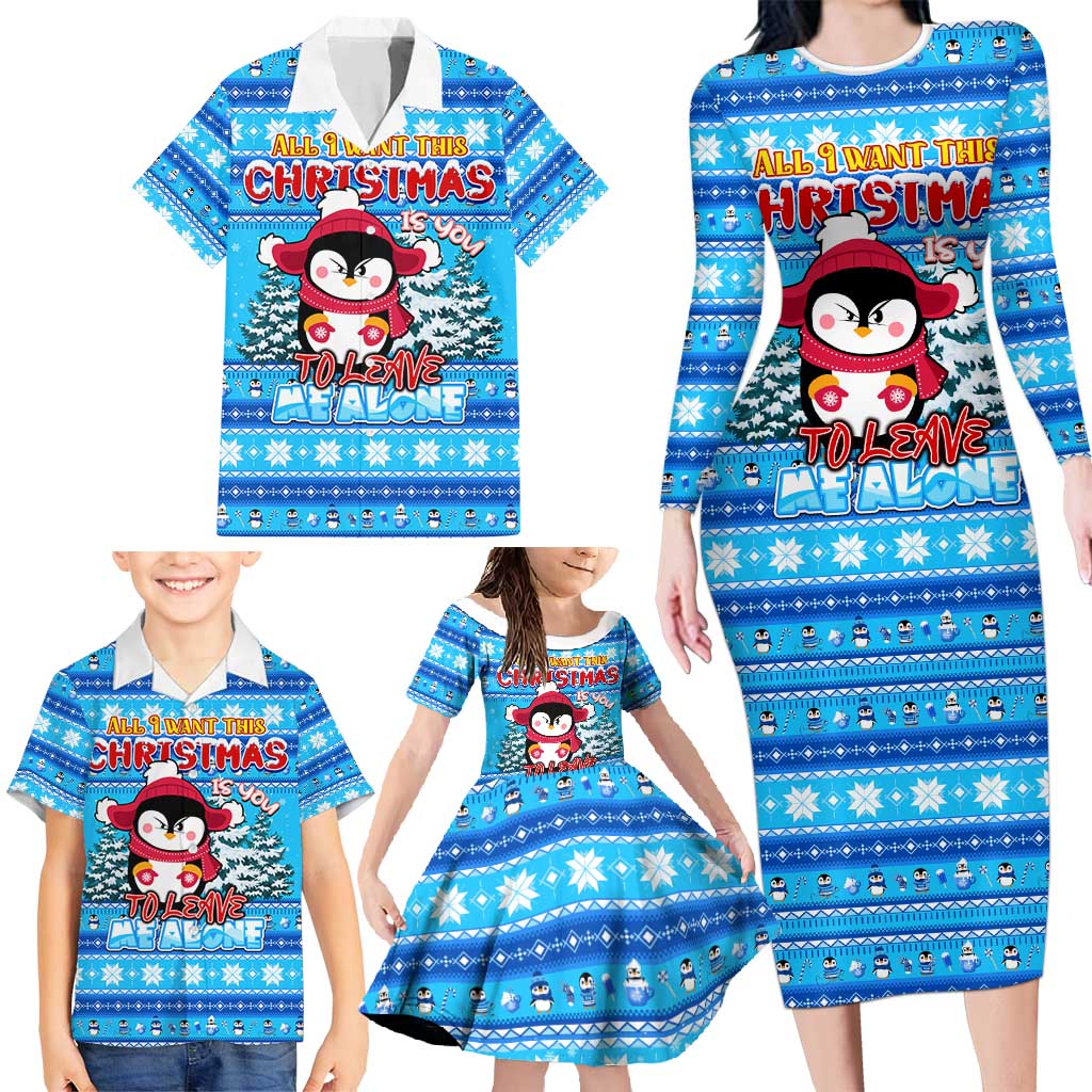 Funny Grumpy Penguin Christmas Family Matching Long Sleeve Bodycon Dress and Hawaiian Shirt All I Want for Christmas Is You To Leave Me Alone - Wonder Print Shop