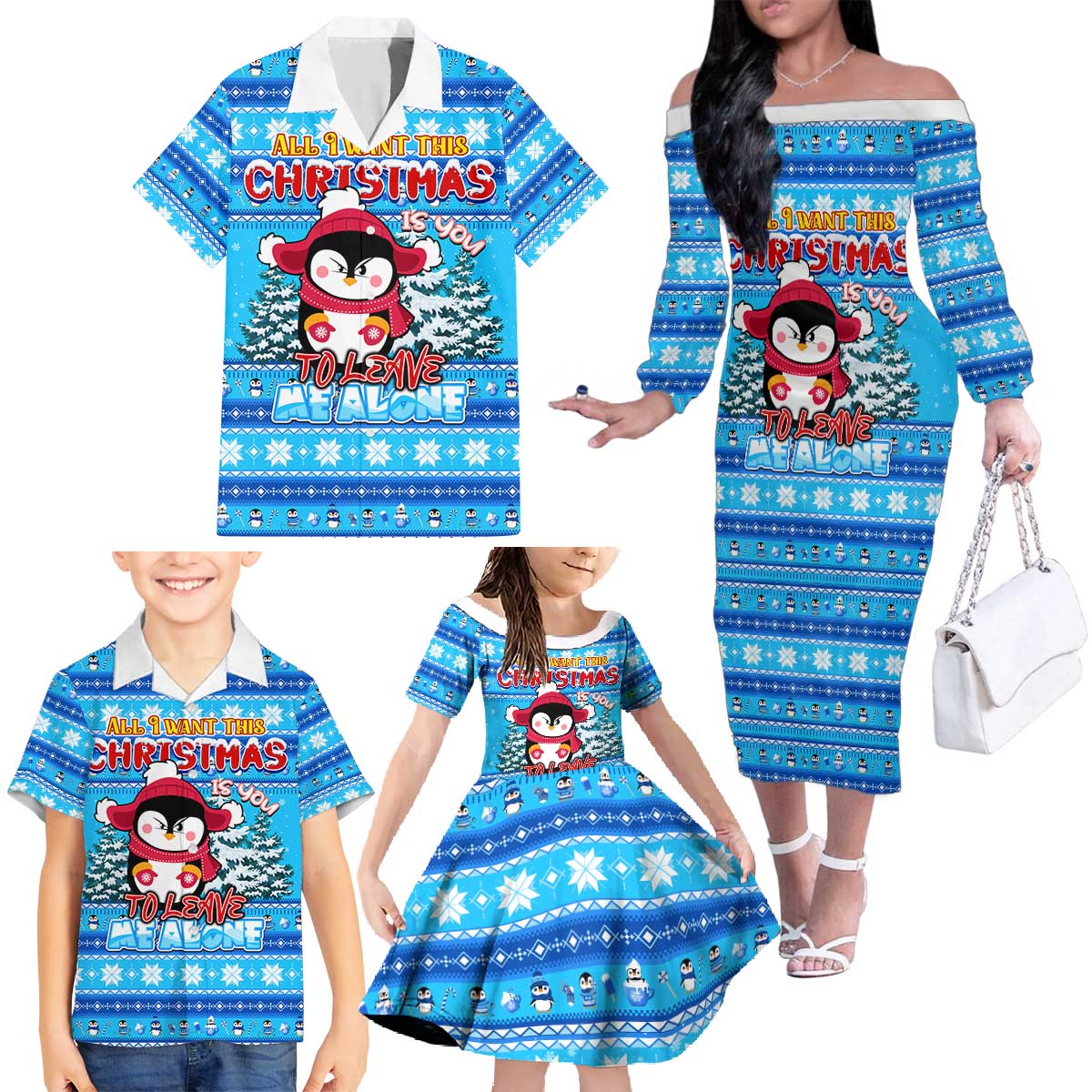 Funny Grumpy Penguin Christmas Family Matching Off The Shoulder Long Sleeve Dress and Hawaiian Shirt All I Want for Christmas Is You To Leave Me Alone - Wonder Print Shop