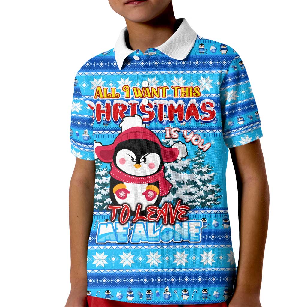 Funny Grumpy Penguin Christmas Kid Polo Shirt All I Want for Christmas Is You To Leave Me Alone - Wonder Print Shop