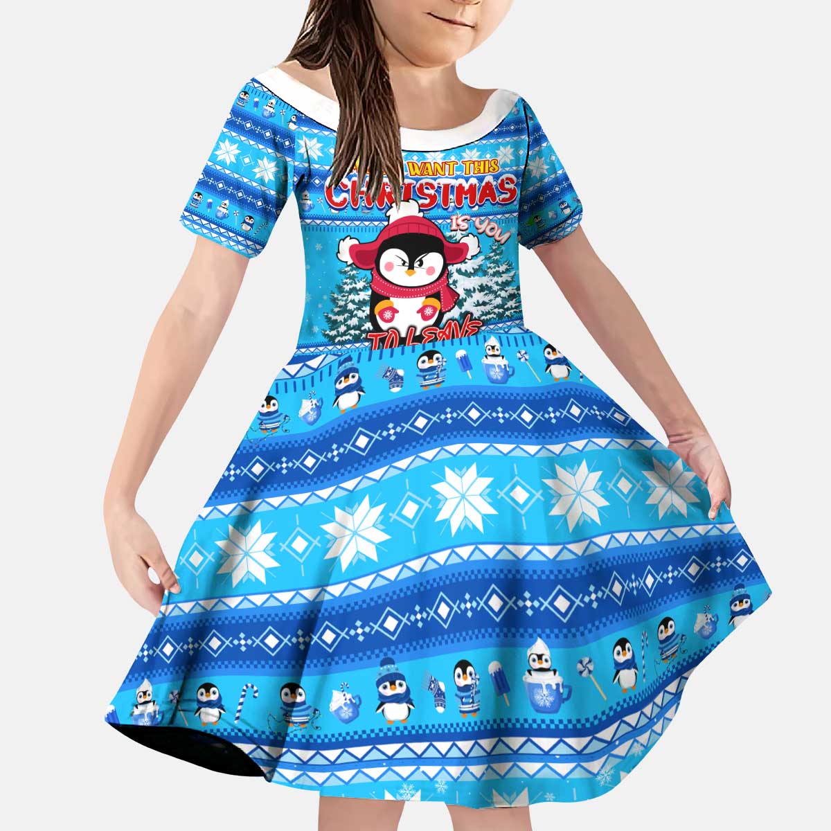 Funny Grumpy Penguin Christmas Kid Short Sleeve Dress All I Want for Christmas Is You To Leave Me Alone - Wonder Print Shop