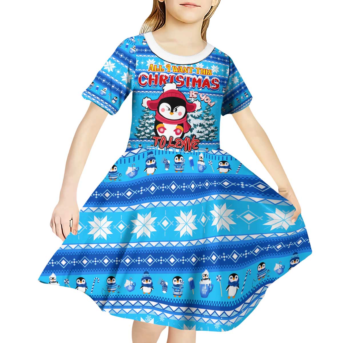 Funny Grumpy Penguin Christmas Kid Short Sleeve Dress All I Want for Christmas Is You To Leave Me Alone - Wonder Print Shop