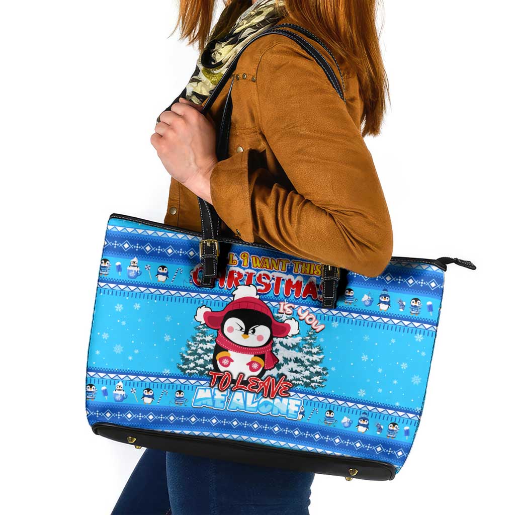 Funny Grumpy Penguin Christmas Leather Tote Bag All I Want for Christmas Is You To Leave Me Alone - Wonder Print Shop