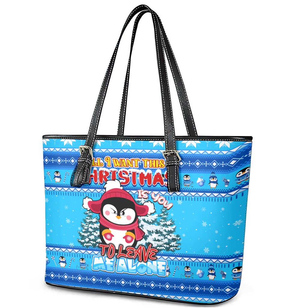 Funny Grumpy Penguin Christmas Leather Tote Bag All I Want for Christmas Is You To Leave Me Alone - Wonder Print Shop