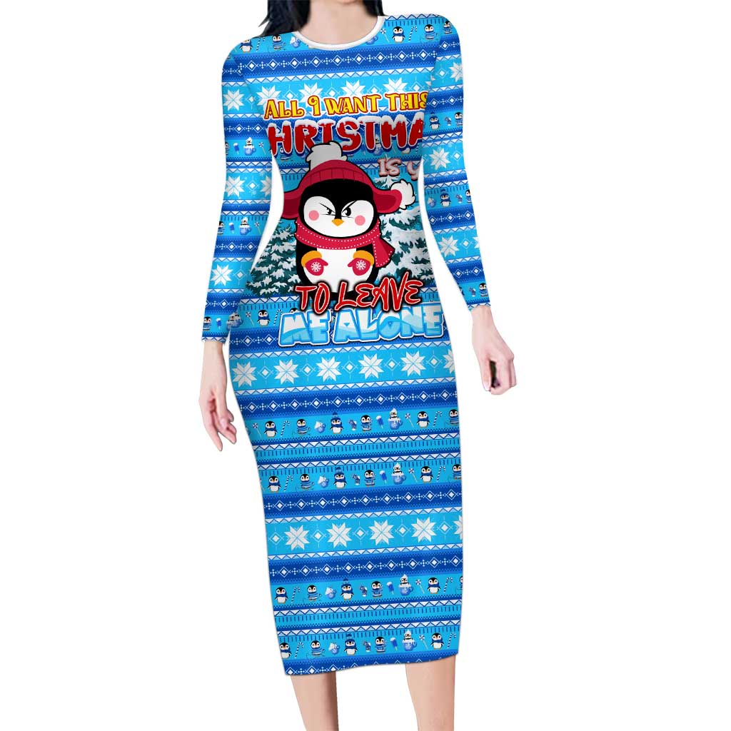 Funny Grumpy Penguin Christmas Long Sleeve Bodycon Dress All I Want for Christmas Is You To Leave Me Alone - Wonder Print Shop