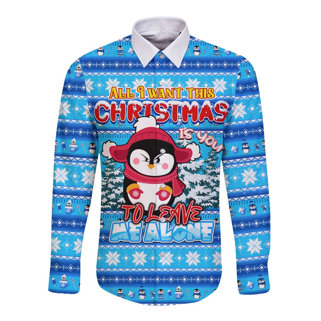 Funny Grumpy Penguin Christmas Long Sleeve Button Shirt All I Want for Christmas Is You To Leave Me Alone - Wonder Print Shop