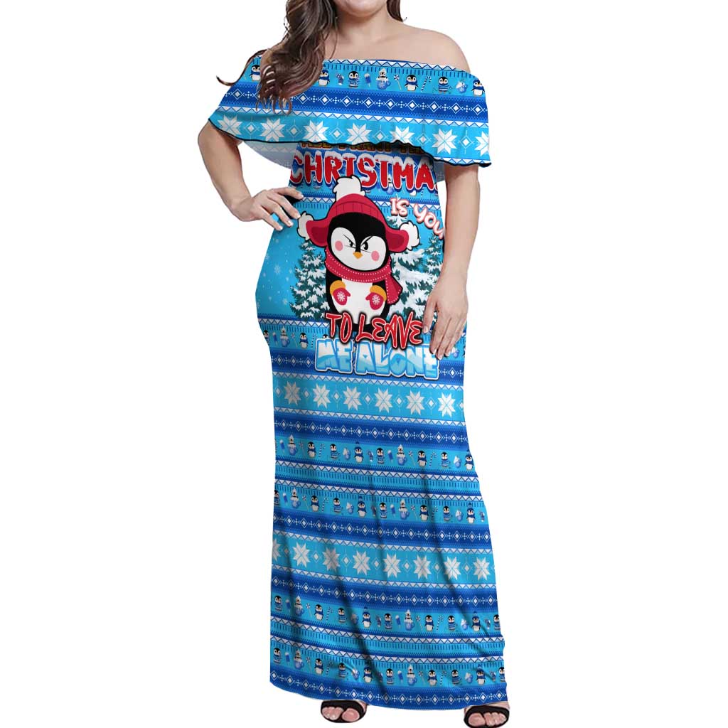 Funny Grumpy Penguin Christmas Off Shoulder Maxi Dress All I Want for Christmas Is You To Leave Me Alone - Wonder Print Shop