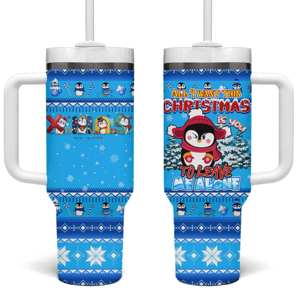 Funny Grumpy Penguin Christmas Tumbler With Handle All I Want for Christmas Is You To Leave Me Alone - Wonder Print Shop