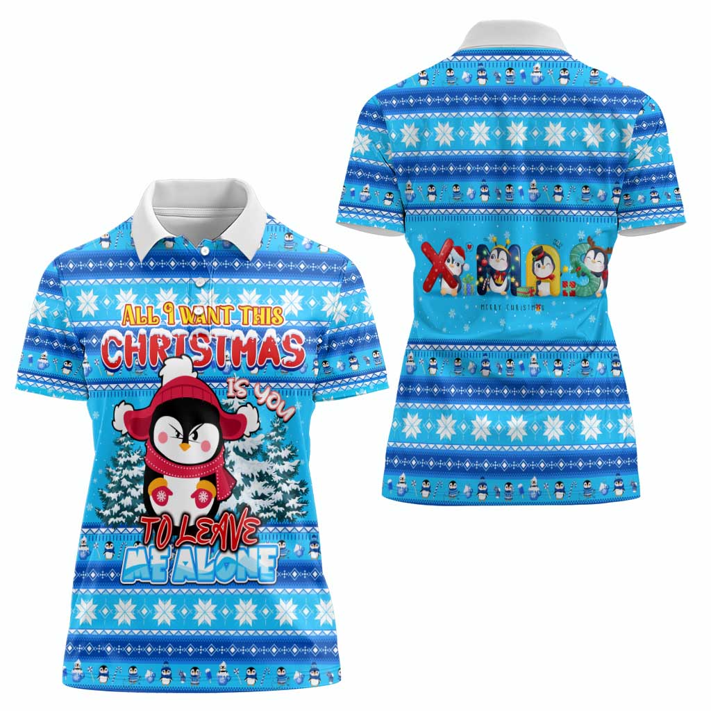 Funny Grumpy Penguin Christmas Women Polo Shirt All I Want for Christmas Is You To Leave Me Alone - Wonder Print Shop