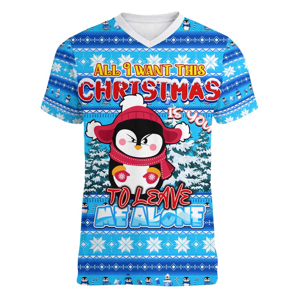 Funny Grumpy Penguin Christmas Women V-Neck T-Shirt All I Want for Christmas Is You To Leave Me Alone - Wonder Print Shop