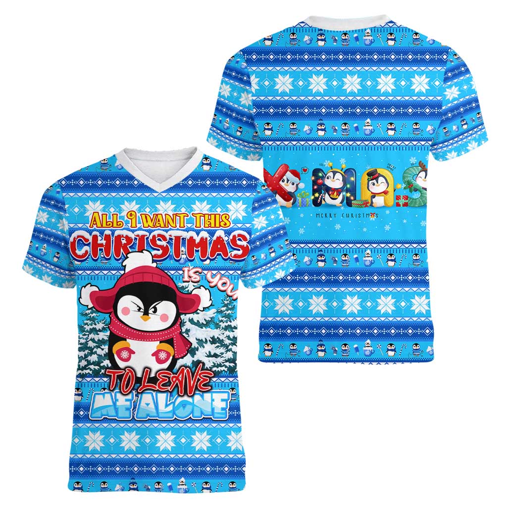Funny Grumpy Penguin Christmas Women V-Neck T-Shirt All I Want for Christmas Is You To Leave Me Alone - Wonder Print Shop