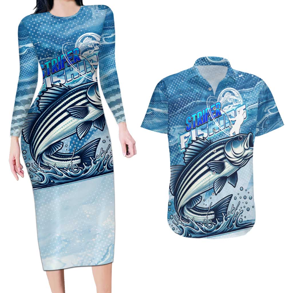 Striper Fishing Couples Matching Long Sleeve Bodycon Dress and Hawaiian Shirt Striped Bass Angler - Wonder Print Shop