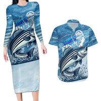 Striper Fishing Couples Matching Long Sleeve Bodycon Dress and Hawaiian Shirt Striped Bass Angler - Wonder Print Shop