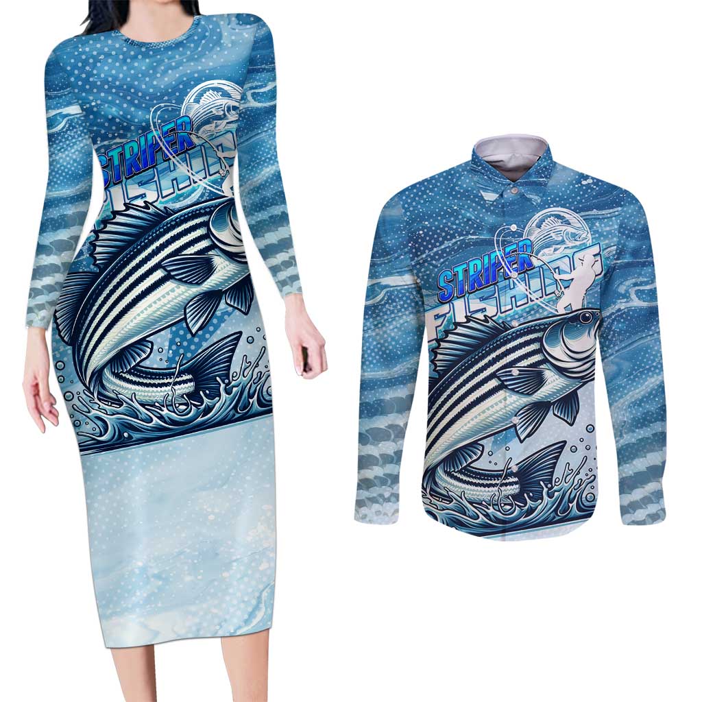 Striper Fishing Couples Matching Long Sleeve Bodycon Dress and Long Sleeve Button Shirt Striped Bass Angler - Wonder Print Shop