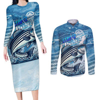 Striper Fishing Couples Matching Long Sleeve Bodycon Dress and Long Sleeve Button Shirt Striped Bass Angler - Wonder Print Shop