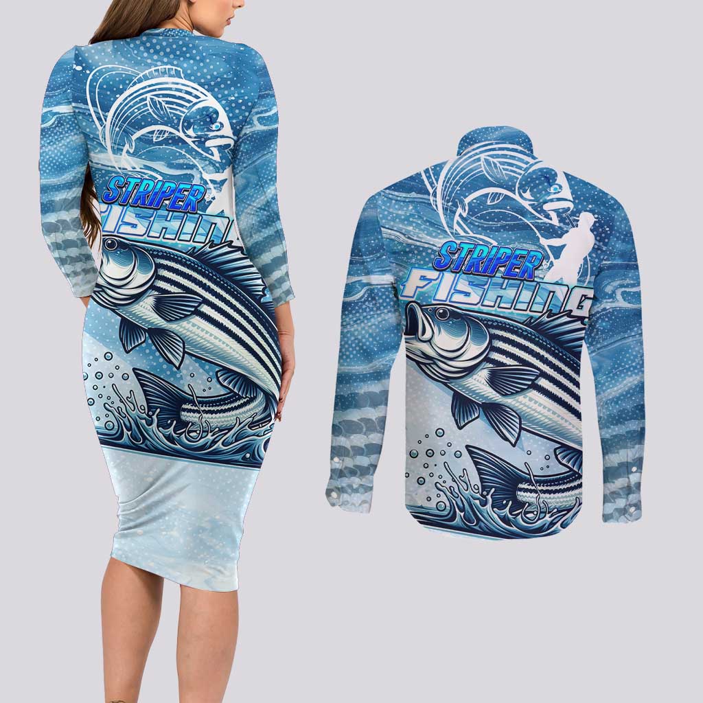 Striper Fishing Couples Matching Long Sleeve Bodycon Dress and Long Sleeve Button Shirt Striped Bass Angler - Wonder Print Shop