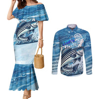 Striper Fishing Couples Matching Mermaid Dress and Long Sleeve Button Shirt Striped Bass Angler - Wonder Print Shop