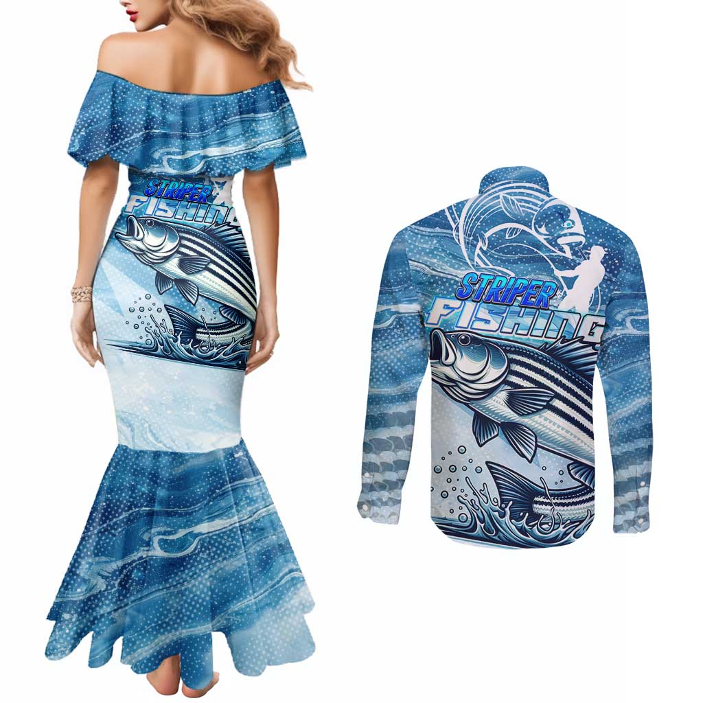 Striper Fishing Couples Matching Mermaid Dress and Long Sleeve Button Shirt Striped Bass Angler - Wonder Print Shop