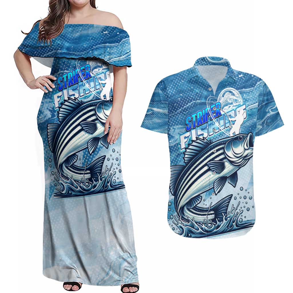Striper Fishing Couples Matching Off Shoulder Maxi Dress and Hawaiian Shirt Striped Bass Angler - Wonder Print Shop
