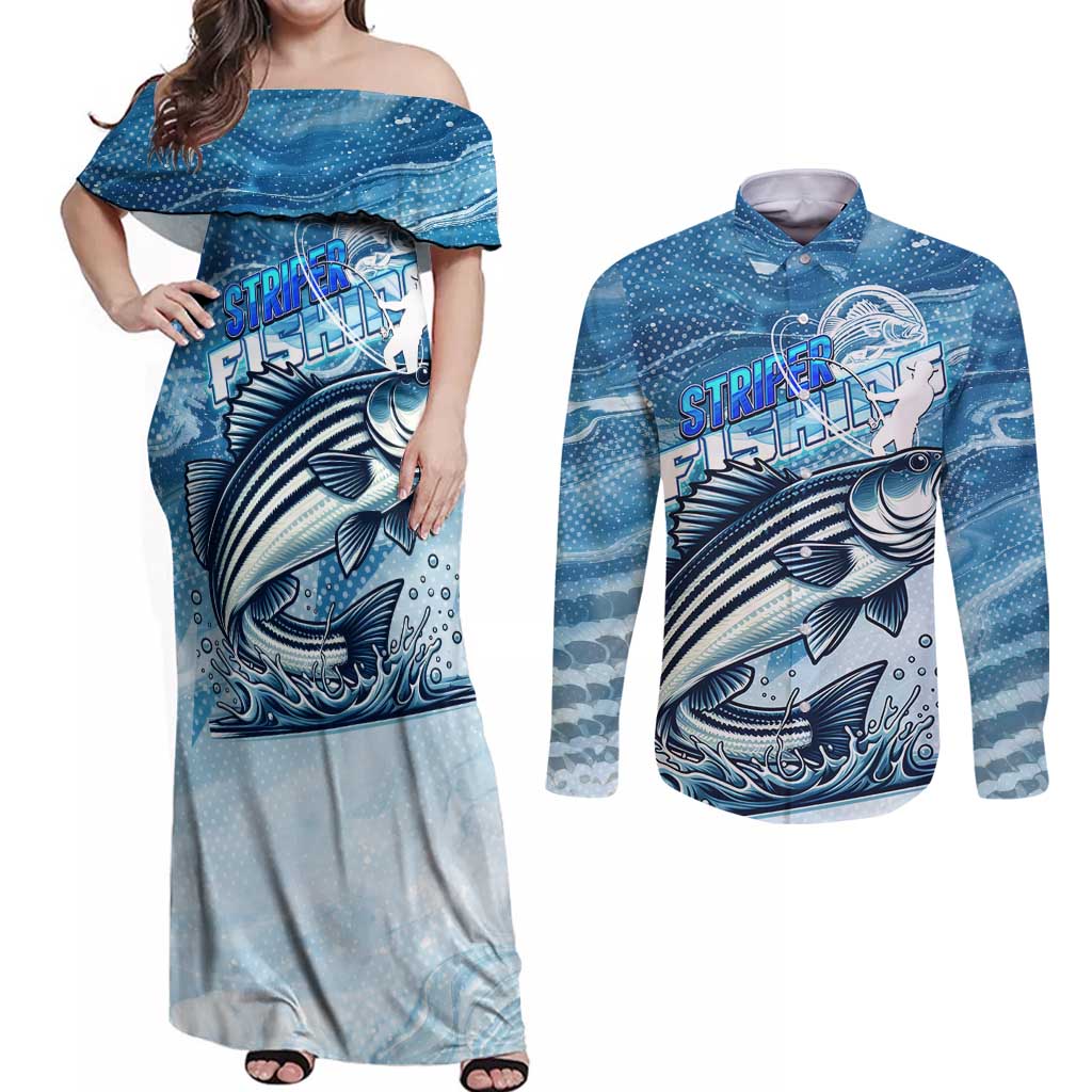 Striper Fishing Couples Matching Off Shoulder Maxi Dress and Long Sleeve Button Shirt Striped Bass Angler - Wonder Print Shop