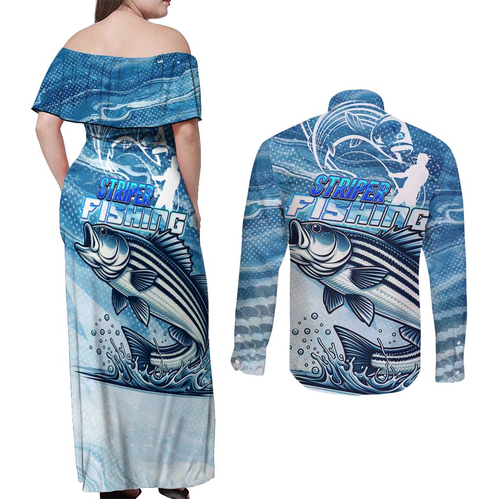 Striper Fishing Couples Matching Off Shoulder Maxi Dress and Long Sleeve Button Shirt Striped Bass Angler - Wonder Print Shop