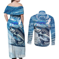 Striper Fishing Couples Matching Off Shoulder Maxi Dress and Long Sleeve Button Shirt Striped Bass Angler - Wonder Print Shop