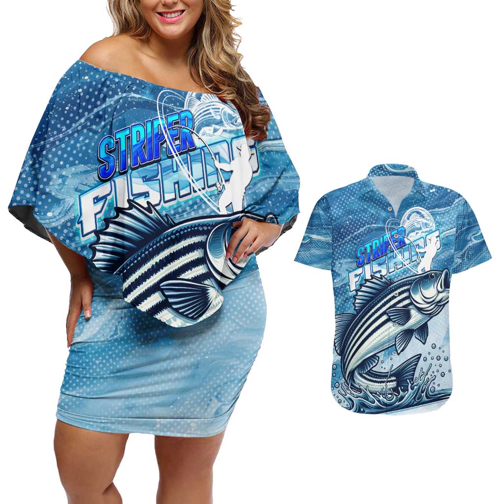 Striper Fishing Couples Matching Off Shoulder Short Dress and Hawaiian Shirt Striped Bass Angler - Wonder Print Shop