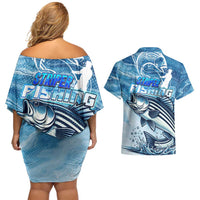 Striper Fishing Couples Matching Off Shoulder Short Dress and Hawaiian Shirt Striped Bass Angler - Wonder Print Shop
