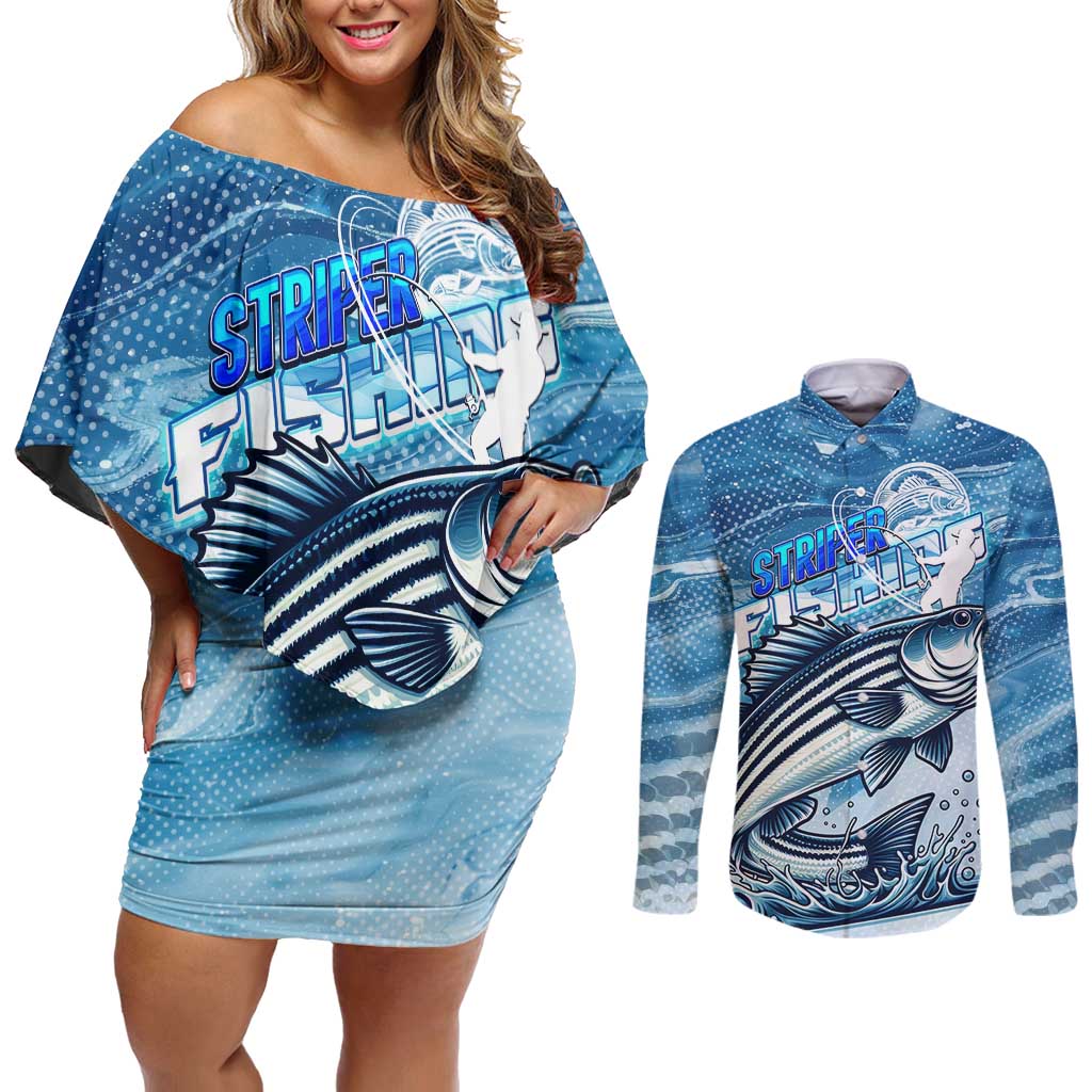 Striper Fishing Couples Matching Off Shoulder Short Dress and Long Sleeve Button Shirt Striped Bass Angler - Wonder Print Shop