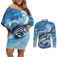 Striper Fishing Couples Matching Off Shoulder Short Dress and Long Sleeve Button Shirt Striped Bass Angler - Wonder Print Shop