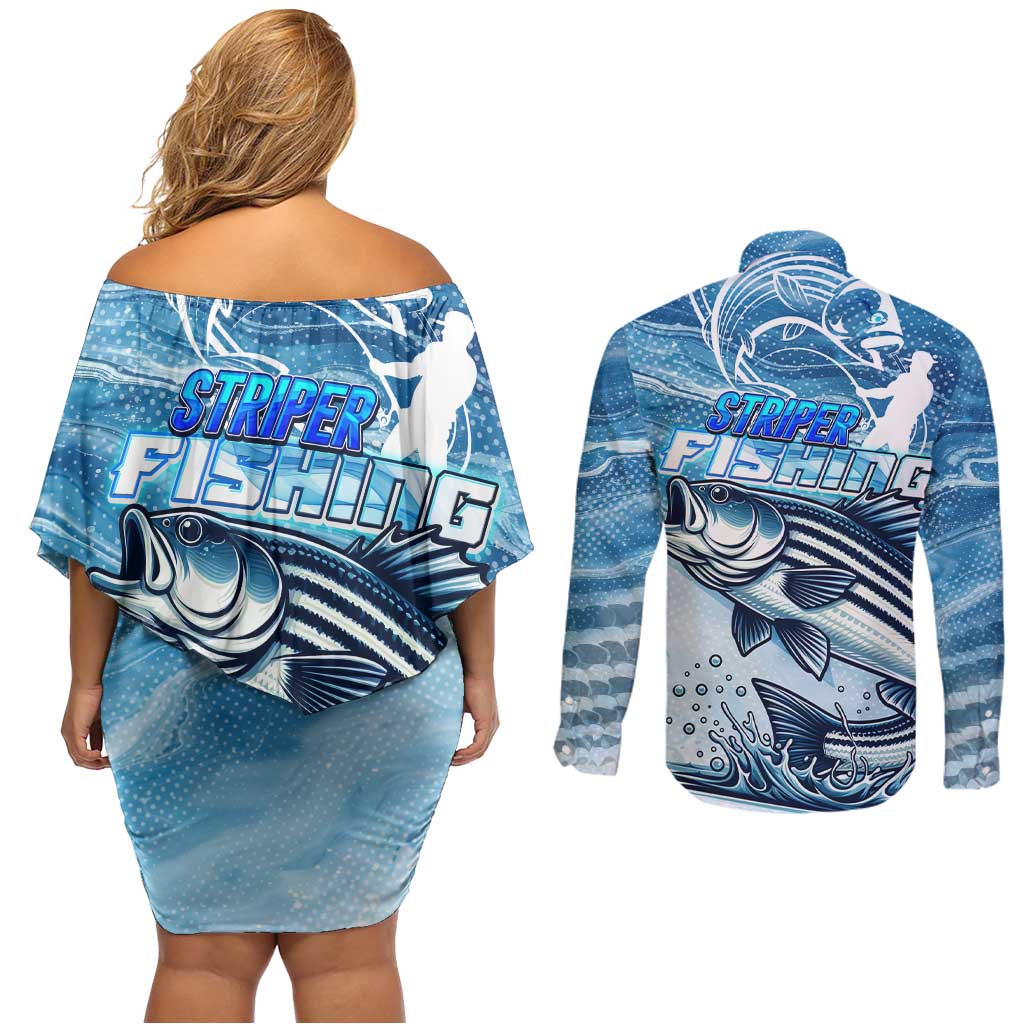 Striper Fishing Couples Matching Off Shoulder Short Dress and Long Sleeve Button Shirt Striped Bass Angler - Wonder Print Shop