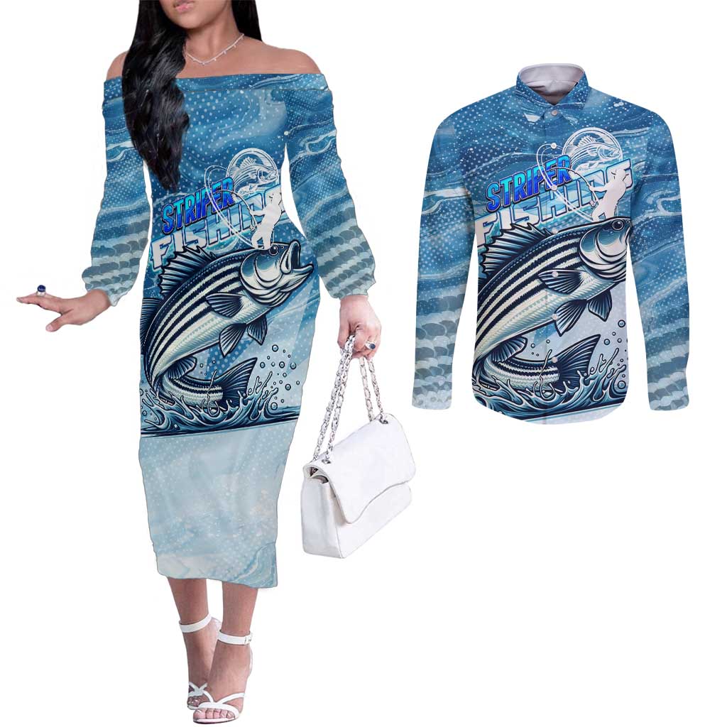 Striper Fishing Couples Matching Off The Shoulder Long Sleeve Dress and Long Sleeve Button Shirt Striped Bass Angler - Wonder Print Shop