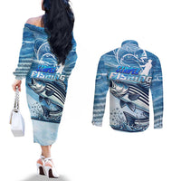 Striper Fishing Couples Matching Off The Shoulder Long Sleeve Dress and Long Sleeve Button Shirt Striped Bass Angler - Wonder Print Shop